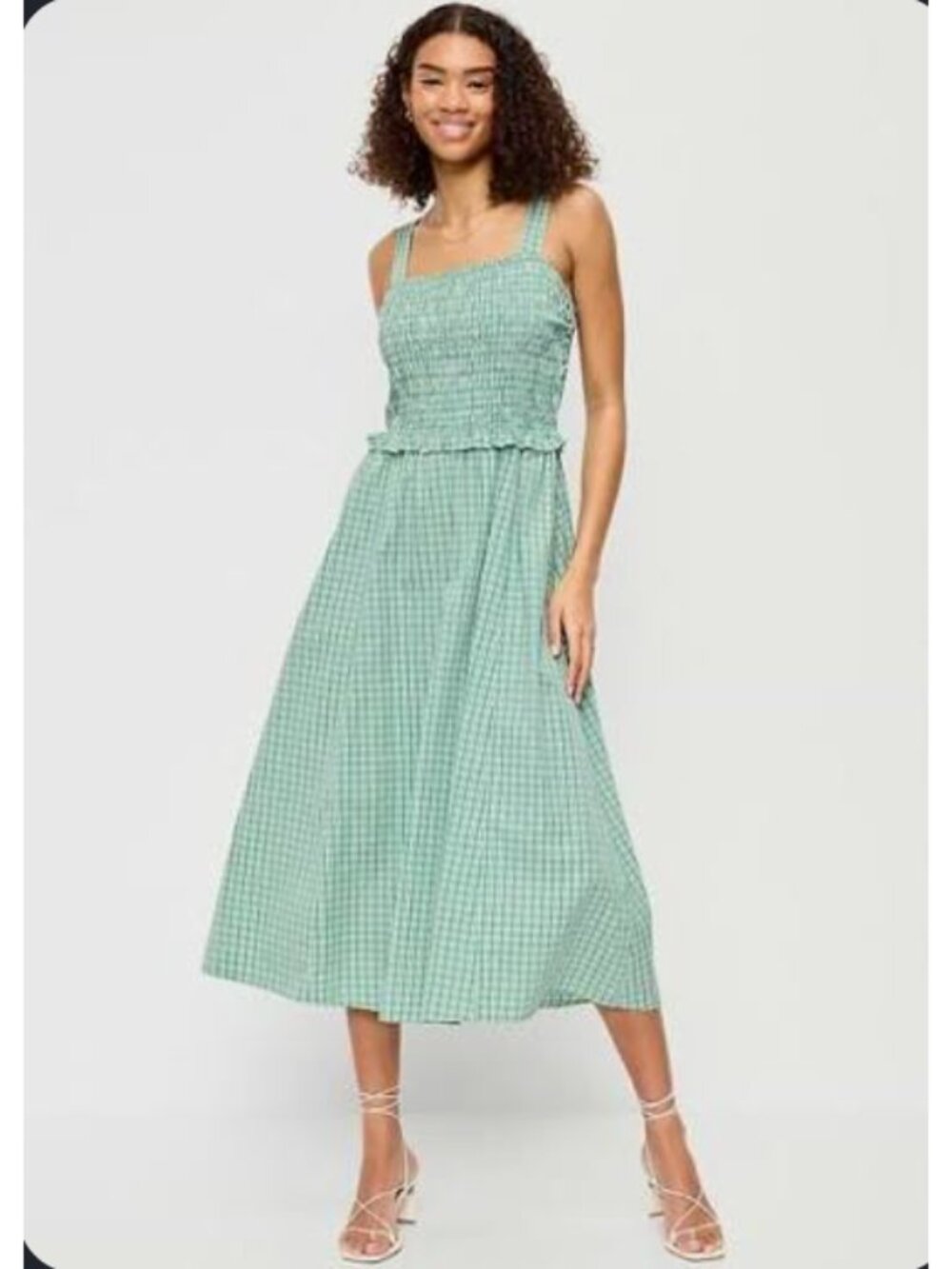 Old Navy Smocked Bodice Fit & Flare Midi Dress Green Plaid M Cotton Adjustable